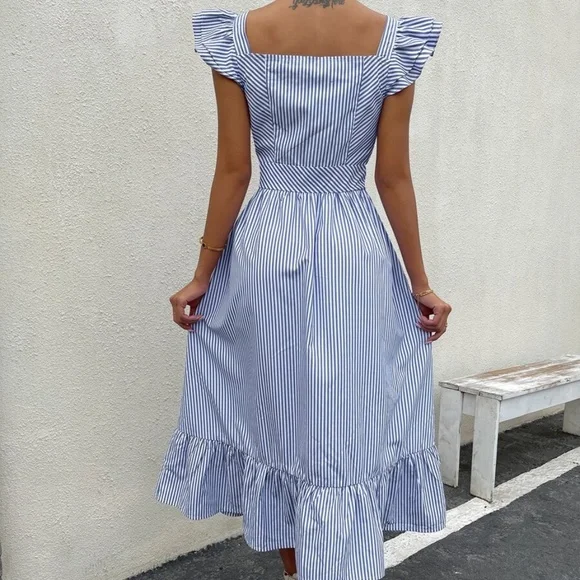 Boho Blue Stripes Ruffle Sleeve Button up Midi Dress - Picture 4 of 5